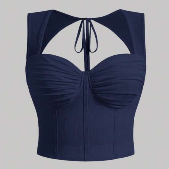 NWT SHEIN Tie Back Ruched Bustier Navy Blue Cropped Tank Top (size S) - Picture 1 of 6